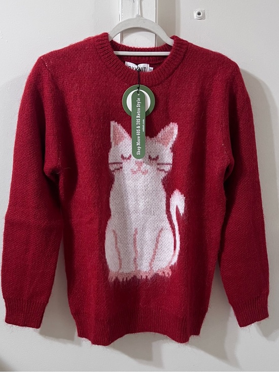 OXKnit Sweaters - OXknit Red Cute White Cat Kacquard Plush Sweater